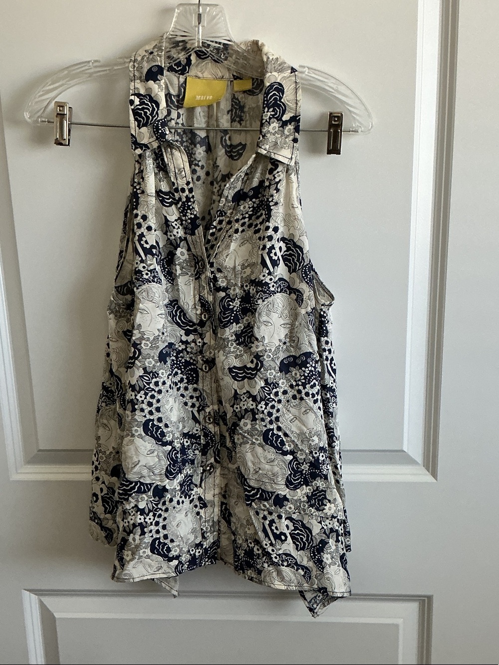 Maeve Navy and Cream Printed Button-Front Top